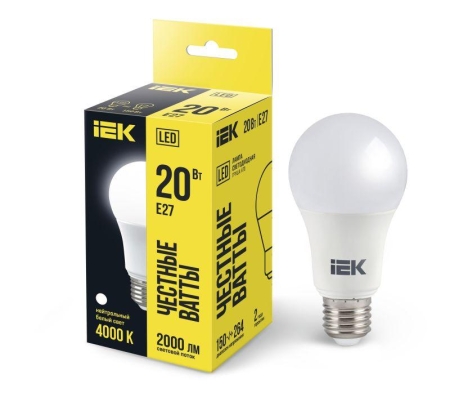Лампа светодиодная 20Вт A60 грушевидная 4000К нейтр. бел. E27 230В IEK LLE-A60-20-230-40-E27 Лампа светодиодная 20Вт A60 грушевидная 4000К нейтр. бел. E27 230В IEK LLE-A60-20-230-40-E27