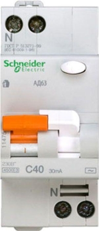 Выключатель автоматический дифференциального тока 2п (1P+N) C 40А 30мА тип AC 4.5кА К АД63 2мод. Домовой SchE 11475 Выключатель автоматический дифференциального тока 2п (1P+N) C 40А 30мА тип AC 4.5кА К АД63 2мод. Домовой SchE 11475