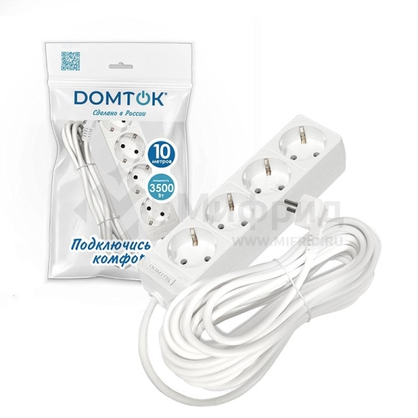 Удлинитель 4х10м с заземл. 16А IP20 3.5кВт ПВС 3х1 бел. DOMTOK 2395