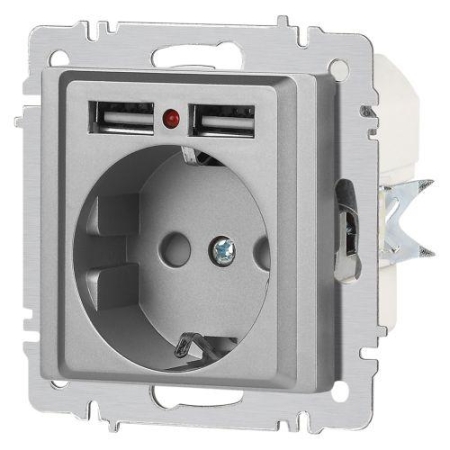 Розетка 1-м СП Accent 6-410-03 16А IP20 250В P+E Schuko + 2хUSB защ. шторки алюм. Intro Б0063694 Розетка 1-м СП Accent 6-410-03 16А IP20 250В P+E Schuko + 2хUSB защ. шторки алюм. Intro Б0063694