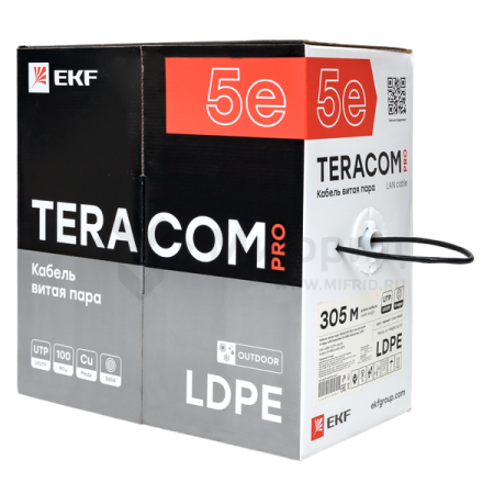 Кабель витая пара U/UTP кат.5E 4 пары 24 AWG solid внешн. LDPE черн. (м) TERACOM PRO EKF TRP-5EUTP-04PE-BK-OUT3