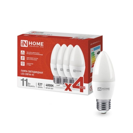 Лампа светодиодная LED-СВЕЧА-VC 4PACK 11Вт 230В E27 4000К 1050лм (уп.4шт) IN HOME 4690612047812 Лампа светодиодная LED-СВЕЧА-VC 4PACK 11Вт 230В E27 4000К 1050лм (уп.4шт) IN HOME 4690612047812