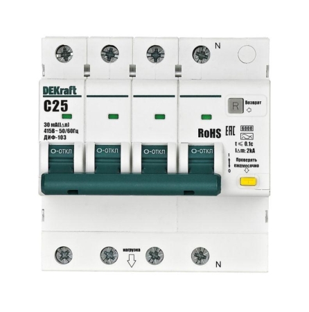 Выключатель автоматический дифференциального тока (АВДТ) 3P+N 25А 30мА A х-ка C ДИФ-103 6кА DEKraft 16430DEK Выключатель автоматический дифференциального тока (АВДТ) 3P+N 25А 30мА A х-ка C ДИФ-103 6кА DEKraft 16430DEK