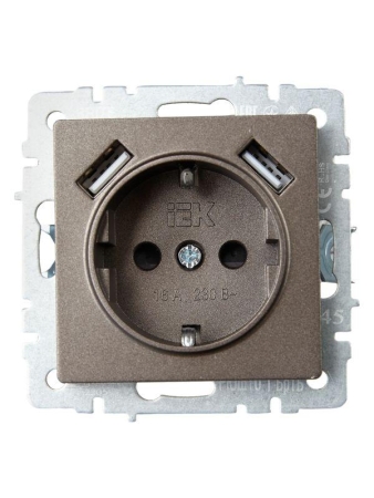 Розетка BRITE РЮш10-1-БрТБ 16А с USB A+A 2.1А с заземл. защ. шторки темн. механизм бронза IEK BR-R14-16-U21-D21-K45 Розетка BRITE РЮш10-1-БрТБ 16А с USB A+A 2.1А с заземл. защ. шторки темн. механизм бронза IEK BR-R14-16-U21-D21-K45
