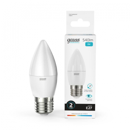 Лампа светодиодная Elementary 8Вт свеча 4100К нейтр. бел. E27 540лм GAUSS 33228 Лампа светодиодная Elementary 8Вт свеча 4100К нейтр. бел. E27 540лм GAUSS 33228