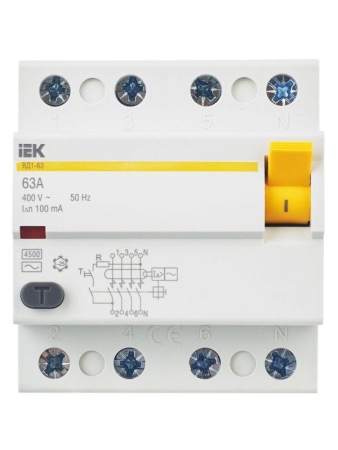 Выключатель дифференциального тока (УЗО) 4п 63А 100мА тип AC ВД1-63 KARAT IEK MDV10-4-063-100 Выключатель дифференциального тока (УЗО) 4п 63А 100мА тип AC ВД1-63 KARAT IEK MDV10-4-063-100