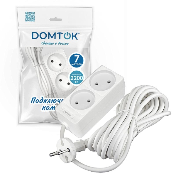 Удлинитель 2х7м без заземл. 10А IP20 2.2кВт ПВС 2х1 бел. DOMTOK 2348 Удлинитель 2х7м без заземл. 10А IP20 2.2кВт ПВС 2х1 бел. DOMTOK 2348