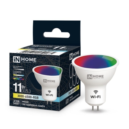 Лампа светодиодная LED-JCDR-RGBW-SMART 11Вт 3000-6500К GU5.3 990лм 230В димм. IN HOME 4690612050065 Лампа светодиодная LED-JCDR-RGBW-SMART 11Вт 3000-6500К GU5.3 990лм 230В димм. IN HOME 4690612050065