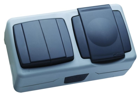 Выключатель двухклавишный + розетка с крышкой с винтовым зажимом блок IP55 Makel 36064203