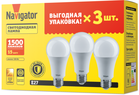Лампа светодиодная 95 320 NLL-A60-15-230-2.7K-E27-PACK3 NAVIGATOR 95320 Лампа светодиодная 95 320 NLL-A60-15-230-2.7K-E27-PACK3 NAVIGATOR 95320