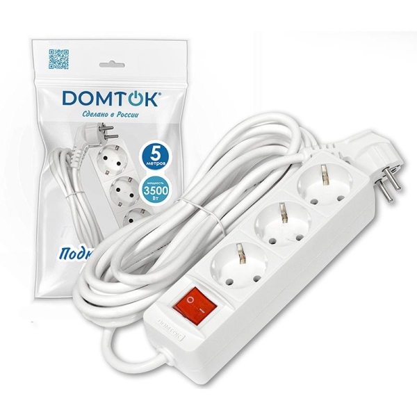 Удлинитель 3х5м с заземл. 16А IP20 3.5кВт ПВС 3х1 с выкл. бел. DOMTOK 2382 Удлинитель 3х5м с заземл. 16А IP20 3.5кВт ПВС 3х1 с выкл. бел. DOMTOK 2382