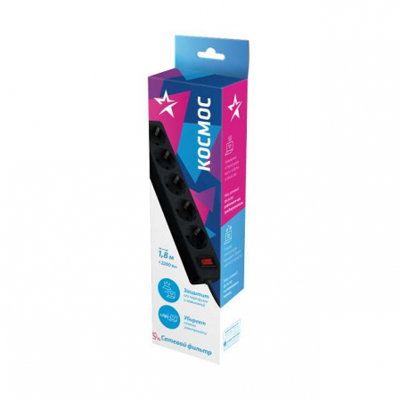 Удлинитель с сетевым фильтром 5х1.8м с заземл. 10А IP20 2.2кВт ПВС 3х0.75 с выкл. с индикатором сети черн. КОСМОС FKsm1.8m-5g(B) Удлинитель с сетевым фильтром 5х1.8м с заземл. 10А IP20 2.2кВт ПВС 3х0.75 с выкл. с индикатором сети черн. КОСМОС FKsm1.8m-5g(B)