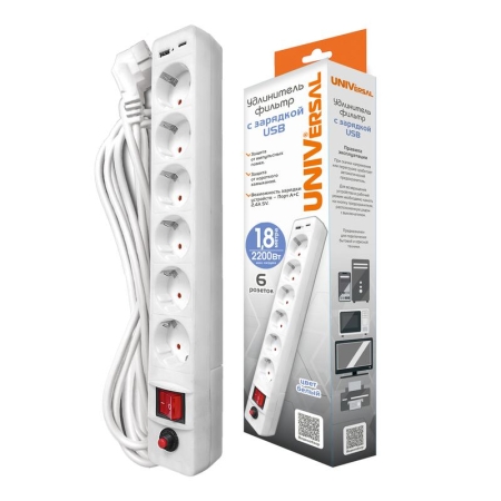 Удлинитель с сетевым фильтром 6х1.8м с заземл. 10А IP20 2.2кВт USB type-A + type-C ПВС 3х0.75 с выкл. бел. UNIVersal 2543 Удлинитель с сетевым фильтром 6х1.8м с заземл. 10А IP20 2.2кВт USB type-A + type-C ПВС 3х0.75 с выкл. бел. UNIVersal 2543