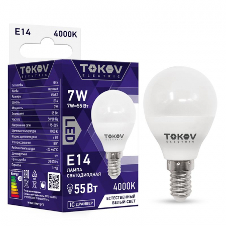 Лампа светодиодная 7Вт G45 4000К Е14 176-264В TOKOV ELECTRIC TKE-G45-E14-7-4K Лампа светодиодная 7Вт G45 4000К Е14 176-264В TOKOV ELECTRIC TKE-G45-E14-7-4K