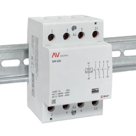 Контактор модульный КМ 63А 3NO+1NC 230В AC (3 мод.) AVERES EKF km-av-3-63-31-230V Контактор модульный КМ 63А 3NO+1NC 230В AC (3 мод.) AVERES EKF km-av-3-63-31-230V