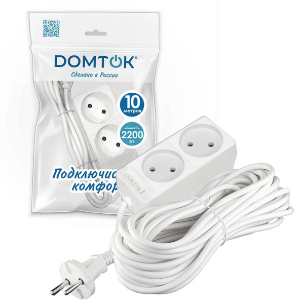 Удлинитель 2х10м без заземл. 10А IP20 2.2кВт ПВС 2х1 бел. DOMTOK 2345 Удлинитель 2х10м без заземл. 10А IP20 2.2кВт ПВС 2х1 бел. DOMTOK 2345