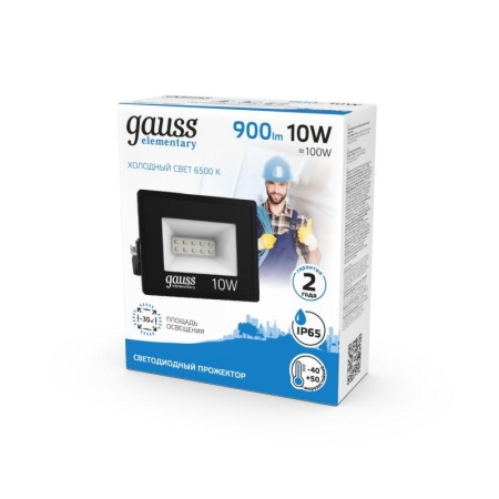 Прожектор светодиодный Elementary 10Вт 6500К IP65 900лм 200-240В ДО черн. GAUSS 613100310 Прожектор светодиодный Elementary 10Вт 6500К IP65 900лм 200-240В ДО черн. GAUSS 613100310