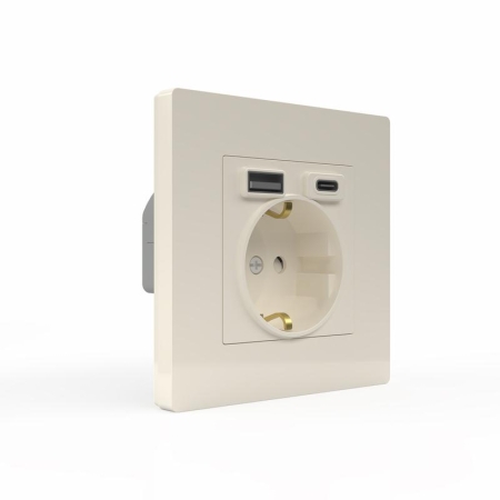 Розетка 1-м СП Pixel IP20 с заземл. с 2-мя заряд. устр. USB тип A+C механизм беж. TOKOV ELECTRIC TKE-PX-R1U2AC-C02