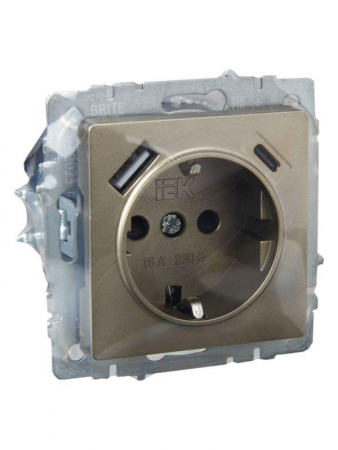 Розетка BRITE РЮш11-1-БрШ 16А с USB A+C 18Вт с заземл. защ. шторки механизм шампань IEK BR-R14-16-U22-018-K37 Розетка BRITE РЮш11-1-БрШ 16А с USB A+C 18Вт с заземл. защ. шторки механизм шампань IEK BR-R14-16-U22-018-K37
