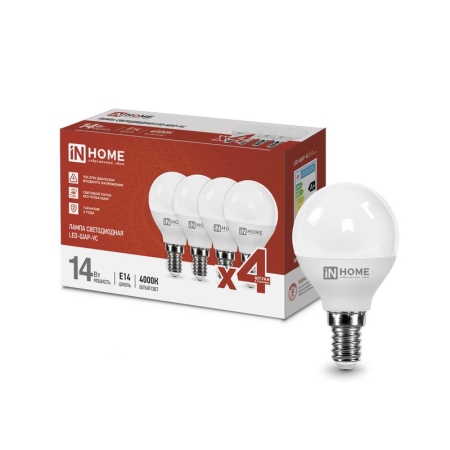 Лампа светодиодная LED-ШАР-VC 4PACК 14Вт 230В E14 4000К 1330лм (уп.4шт) IN HOME 4690612052359 Лампа светодиодная LED-ШАР-VC 4PACК 14Вт 230В E14 4000К 1330лм (уп.4шт) IN HOME 4690612052359