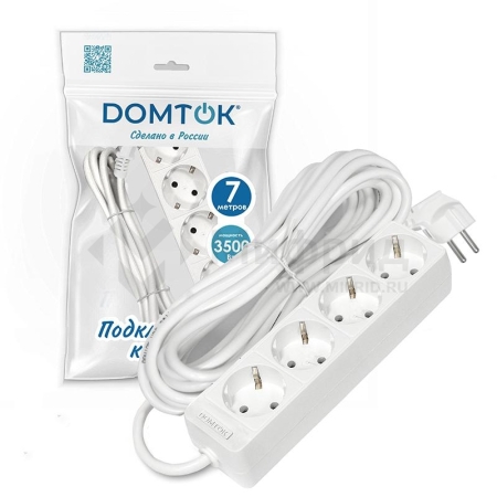 Удлинитель 4х7м с заземл. 16А IP20 3.5кВт ПВС 3х1 бел. DOMTOK 2398
