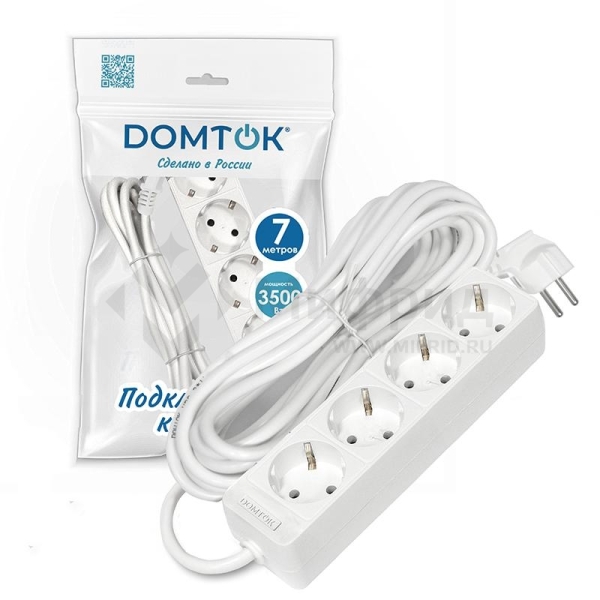 Удлинитель 4х7м с заземл. 16А IP20 3.5кВт ПВС 3х1 бел. DOMTOK 2398