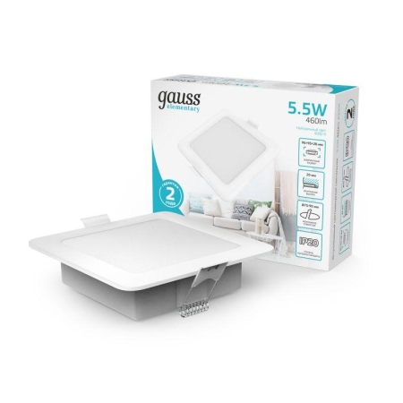 Светильник светодиодный Elementary Downlight 5.5Вт 4000К 460лм 170-260В IP20 95х26 квадрат монтаж бел. GAUSS 998420205 Светильник светодиодный Elementary Downlight 5.5Вт 4000К 460лм 170-260В IP20 95х26 квадрат монтаж бел. GAUSS 998420205