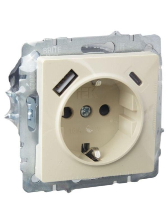 Розетка BRITE РЮш11-1-БрКр 16А с USB A+C 18Вт с заземл. защ. шторки механизм беж. IEK BR-R14-16-U22-018-K10