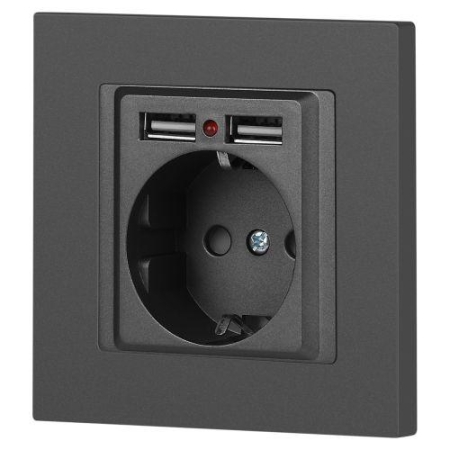 Розетка 1-м СП Accent 6-410-07 16А IP20 250В P+E Schuko + 2хUSB защ. шторки графит Intro Б0063702 Розетка 1-м СП Accent 6-410-07 16А IP20 250В P+E Schuko + 2хUSB защ. шторки графит Intro Б0063702