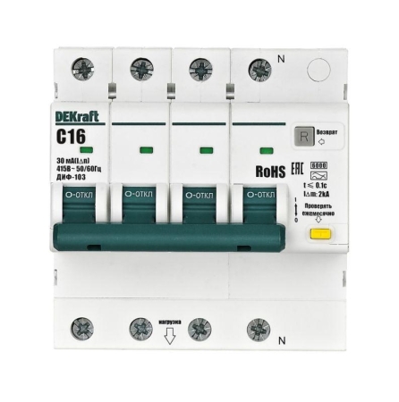 Выключатель автоматический дифференциального тока (АВДТ) 3P+N 16А 30мА AC х-ка C ДИФ-103 6кА DEKraft 16401DEK Выключатель автоматический дифференциального тока (АВДТ) 3P+N 16А 30мА AC х-ка C ДИФ-103 6кА DEKraft 16401DEK