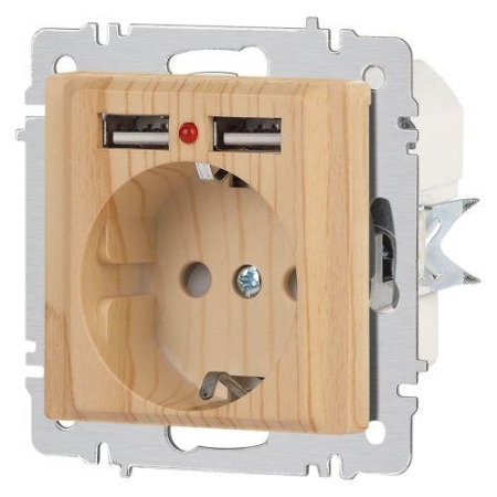 Розетка 1-м СП Accent 6-410-11 16А IP20 250В P+E Schuko + 2хUSB защ. шторки сосна Intro Б0063720 Розетка 1-м СП Accent 6-410-11 16А IP20 250В P+E Schuko + 2хUSB защ. шторки сосна Intro Б0063720