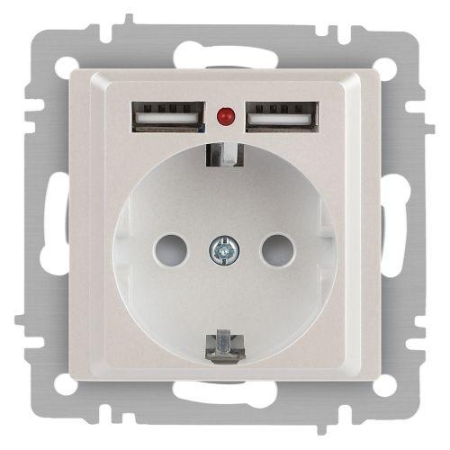 Розетка 1-м СП Accent 6-410-06 16А IP20 250В P+E Schuko + 2хUSB защ. шторки перламутр. Intro Б0063700 Розетка 1-м СП Accent 6-410-06 16А IP20 250В P+E Schuko + 2хUSB защ. шторки перламутр. Intro Б0063700