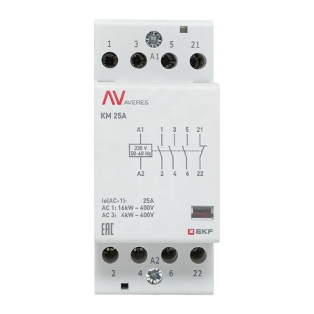 Контактор модульный КМ 25А 3NO+1NC 230В AC (2 мод.) AVERES EKF km-av-2-25-31-230V Контактор модульный КМ 25А 3NO+1NC 230В AC (2 мод.) AVERES EKF km-av-2-25-31-230V