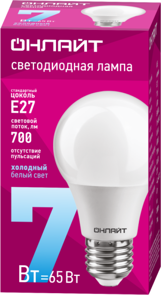 Лампа светодиодная 61 139 OLL-A60-7-230-6.5K-E27 7Вт грушевидная 6500К холод. бел. E27 700лм 176-264В ОНЛАЙТ 61139