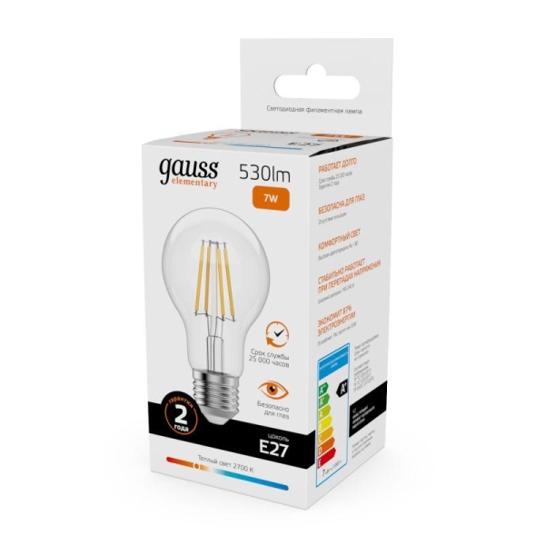 Лампа светодиодная филаментная Filament Elementary А60 7Вт 2700К Е27 530лм GAUSS 22217