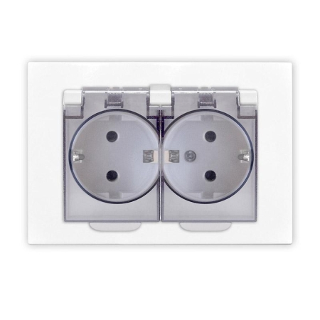 Розетка 2-м СП Афина 16А IP20 с заземл. c прозр. крышкой в сборе бел. Universal A0031