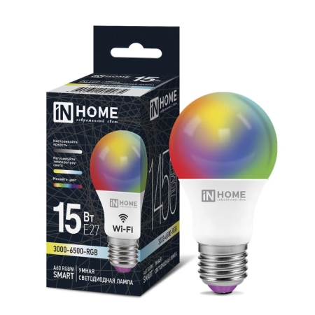 Лампа светодиодная LED-A60-RGBW-SMART 15Вт 3000-6500К E27 1450лм 230В димм. IN HOME 4690612050034 Лампа светодиодная LED-A60-RGBW-SMART 15Вт 3000-6500К E27 1450лм 230В димм. IN HOME 4690612050034