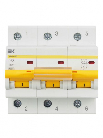 Выключатель автоматический модульный 3п D 63А 10кА ВА47-100 KARAT IEK MVA40-3-063-D Выключатель автоматический модульный 3п D 63А 10кА ВА47-100 KARAT IEK MVA40-3-063-D