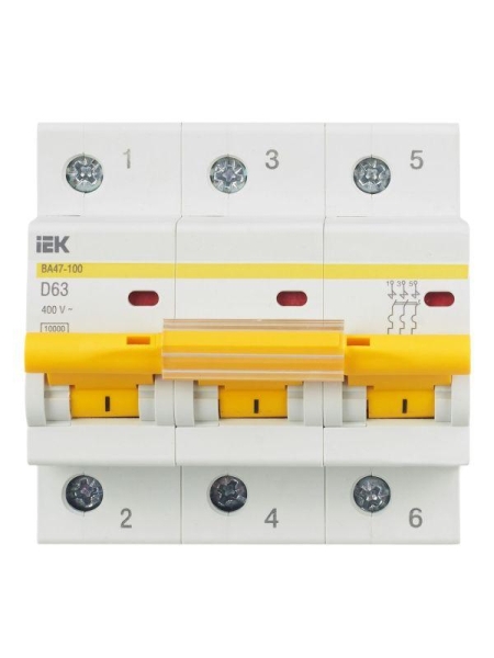 Выключатель автоматический модульный 3п D 63А 10кА ВА47-100 KARAT IEK MVA40-3-063-D Выключатель автоматический модульный 3п D 63А 10кА ВА47-100 KARAT IEK MVA40-3-063-D