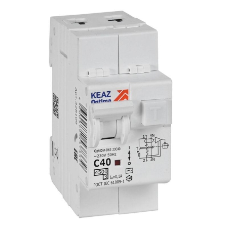 Выключатель автоматический дифференциального тока 2п с защитой от сверхтоков OptiDin D63-23C40-AC-У3 C40 100мА 4.5кА КЭАЗ 328109 Выключатель автоматический дифференциального тока 2п с защитой от сверхтоков OptiDin D63-23C40-AC-У3 C40 100мА 4.5кА КЭАЗ 328109