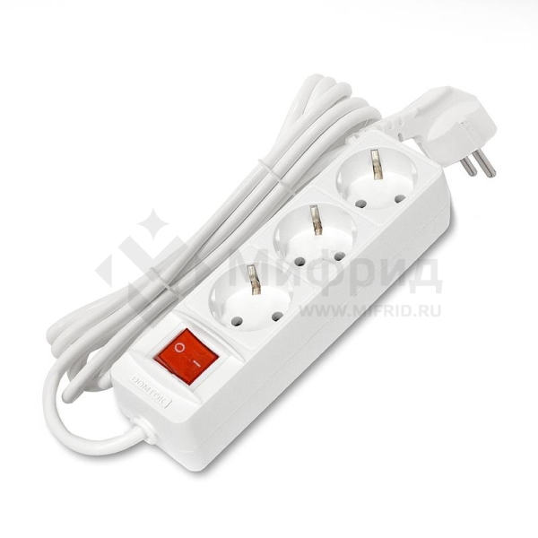 Удлинитель 3х3м с заземл. 16А IP20 3.5кВт ПВС 3х1 с выкл. бел. DOMTOK 2381