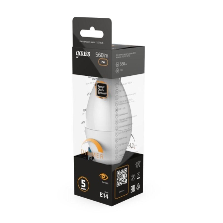 Лампа светодиодная Black 7Вт свеча 3000К тепл. бел. E14 560лм диммир. GAUSS 103101107-D Лампа светодиодная Black 7Вт свеча 3000К тепл. бел. E14 560лм диммир. GAUSS 103101107-D