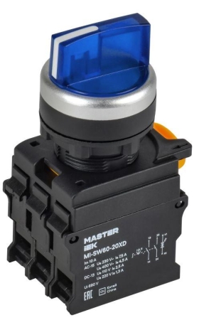 Переключатель 3 полож. 2НО с подсветкой син. MASTER IEK MI-SW60-20XD-4-14-3-K07 Переключатель 3 полож. 2НО с подсветкой син. MASTER IEK MI-SW60-20XD-4-14-3-K07