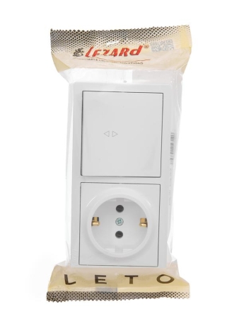 Блок выключатель 1-клав. проходной и розетка 1-местн с заземл. LETO бел. горизонталь LEZARD 752-0200-170BVP