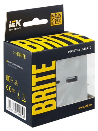 Розетка BRITE USB A+C 18Вт РЮ11-1-БрА механизм алюм. IEK BR-U22-018-K47