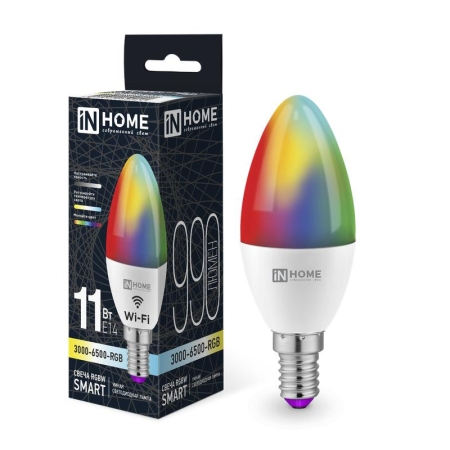 Лампа светодиодная LED-СВЕЧА-RGBW-SMART 11Вт 3000-6500К E14 990лм 230В димм. IN HOME 4690612050041 Лампа светодиодная LED-СВЕЧА-RGBW-SMART 11Вт 3000-6500К E14 990лм 230В димм. IN HOME 4690612050041