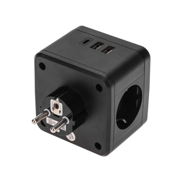 Двойник электрический Куб 16А с/з+2хUSB-A 2.4А+USB Type-C 3А с ночной подсветкой черн. Rexant 11-1252 Двойник электрический Куб 16А с/з+2хUSB-A 2.4А+USB Type-C 3А с ночной подсветкой черн. Rexant 11-1252