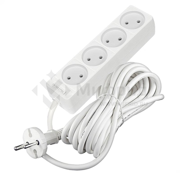 Удлинитель 4х5м без заземл. 10А IP20 2.2кВт ПВС 2х1 бел. DOMTOK 2357