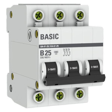 Выключатель автоматический модульный 3п B 25А 4.5кА ВА 47-29 Basic EKF mcb4729-3-25-B Выключатель автоматический модульный 3п B 25А 4.5кА ВА 47-29 Basic EKF mcb4729-3-25-B