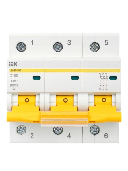 Выключатель автоматический модульный 3п C 100А 10кА ВА47-100 KARAT IEK MVA40-3-100-C Выключатель автоматический модульный 3п C 100А 10кА ВА47-100 KARAT IEK MVA40-3-100-C